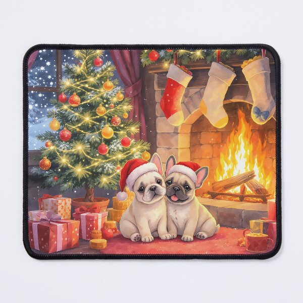 Item preview, French Bulldog Puppies in Santa Hats by Christmas Tree and Cosy Fire! designed and sold by acceleratorhams.