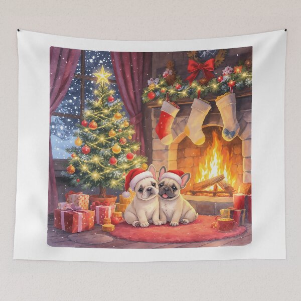 Item preview, French Bulldog Puppies in Santa Hats by Christmas Tree and Cosy Fire! designed and sold by acceleratorhams.