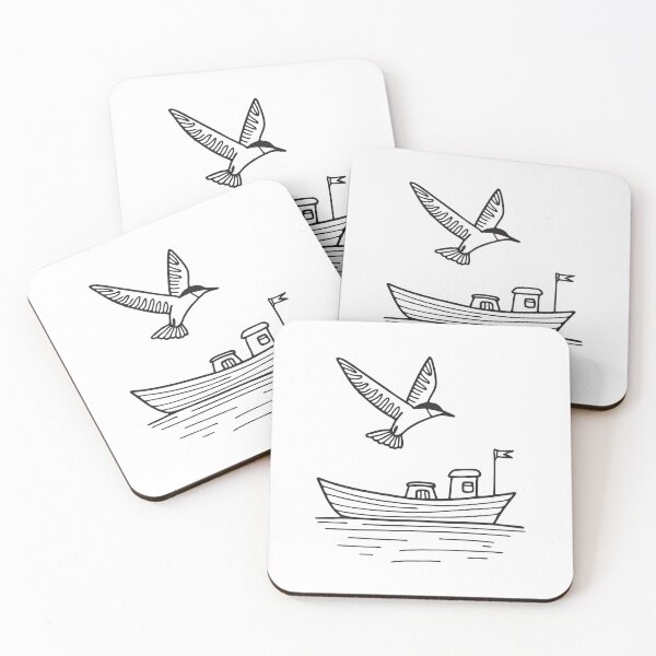 Item preview, A tern gliding near a small boat on calm water designed and sold by rasagamastore.
