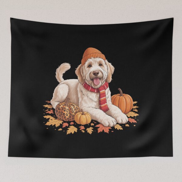 Item preview, Goldendoodle Dog Fall Scarf Leopard Pumpkins Autumn Leaves designed and sold by PunkNation-Arts.