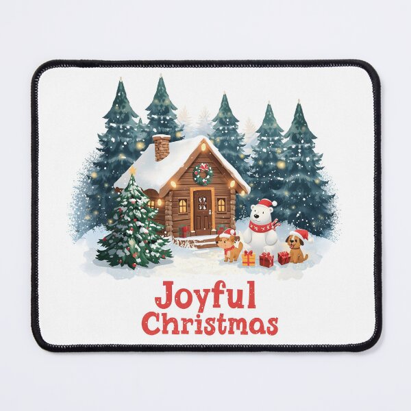 Item preview, Cheerful polar bear in a festive holiday landscape, wearing a Santa hat and green scarf while holding stacked presents against a snowy backdrop with decorated fir trees and soft snowfall designed and sold by PWDigitalArt.