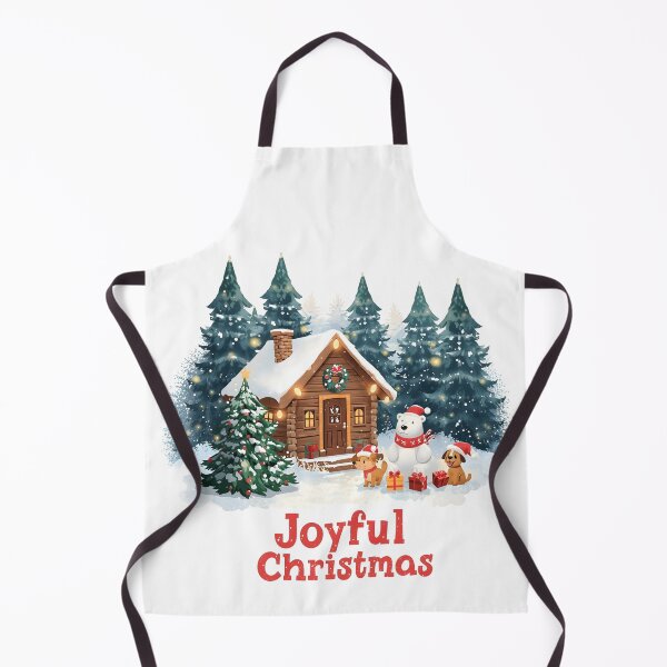 Item preview, Cheerful polar bear in a festive holiday landscape, wearing a Santa hat and green scarf while holding stacked presents against a snowy backdrop with decorated fir trees and soft snowfall designed and sold by PWDigitalArt.