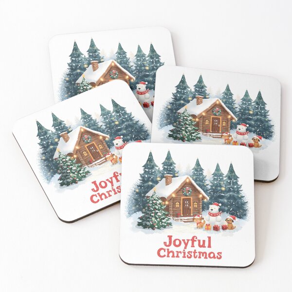 Item preview, Cheerful polar bear in a festive holiday landscape, wearing a Santa hat and green scarf while holding stacked presents against a snowy backdrop with decorated fir trees and soft snowfall designed and sold by PWDigitalArt.