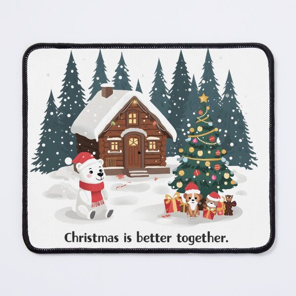 Item preview, Cute house, Christmas tree, animated Polar bear, dog and cat standing in front of a Christmas tree, wearing a Santa hat and scarf. designed and sold by PWDigitalArt.