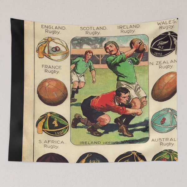 Item preview, Vintage Rugby & Football Caps Art | Early 20th Century Sports Illustration | Ireland vs Wales Rugby Match Scene designed and sold by artofuniverse.