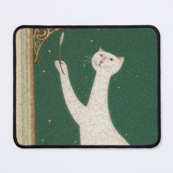 Item preview, White Persian Cat Writing with Quill Romanesque Fresco - Green Starry Background Gold Celtic Border designed and sold by PictorialWhimsy.