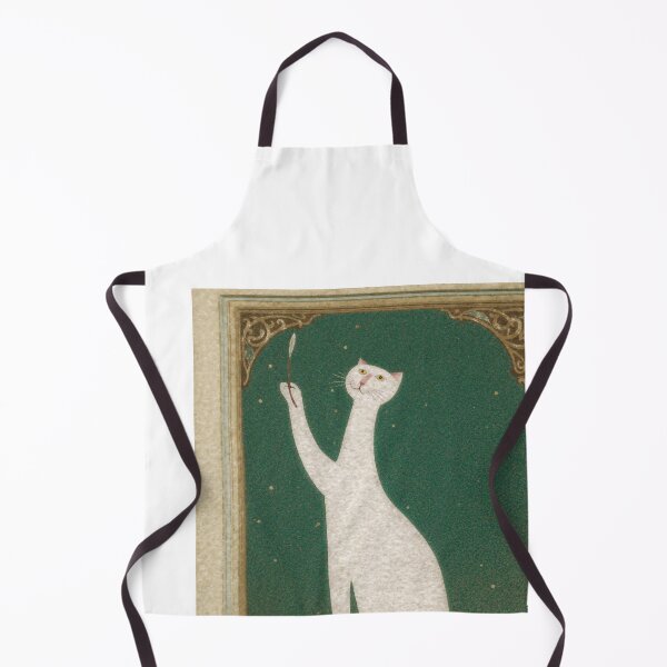 Item preview, White Persian Cat Writing with Quill Romanesque Fresco - Green Starry Background Gold Celtic Border designed and sold by PictorialWhimsy.