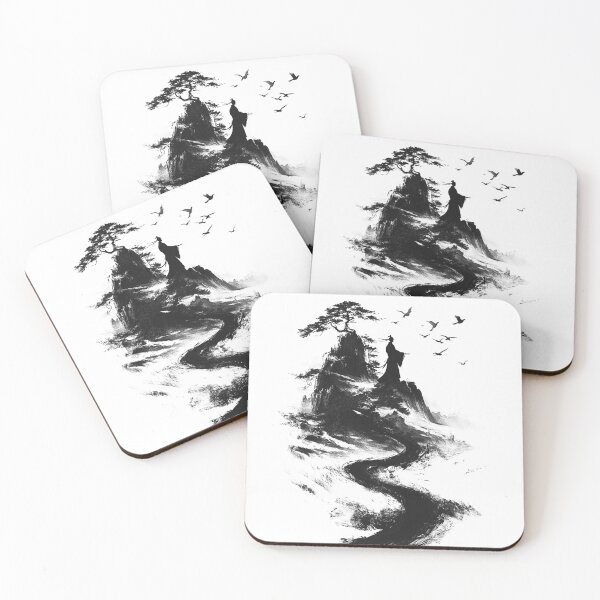 Item preview, Samurai ethnic black and white minimalistic print with mountains and rock path designed and sold by Encreable.