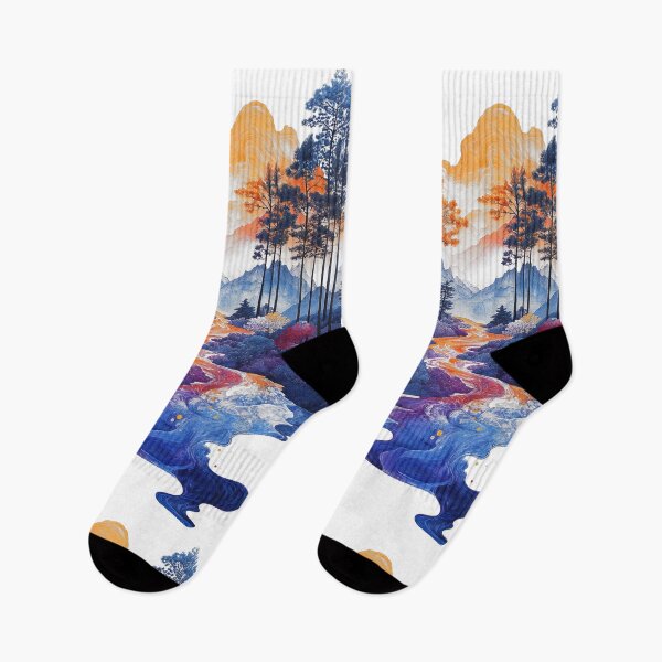 Item preview, Author's motley blue river with mountains and colorful forest in bright art designed and sold by Encreable.