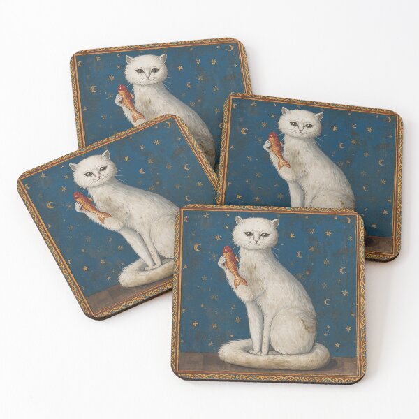 Item preview, White Cat Holding Fish Medieval Art designed and sold by PictorialWhimsy.