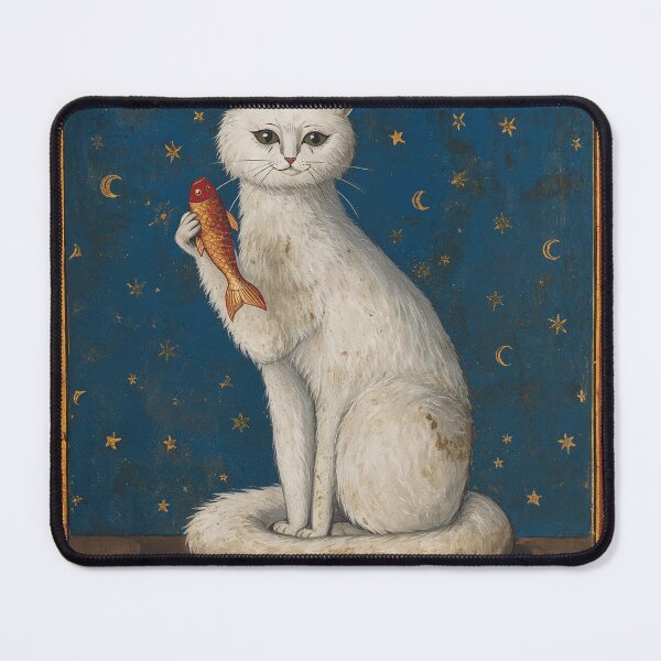 Item preview, White Cat Holding Fish Medieval Art designed and sold by PictorialWhimsy.