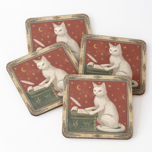 Item preview, White Cat Writing Scroll Medieval Art designed and sold by PictorialWhimsy.