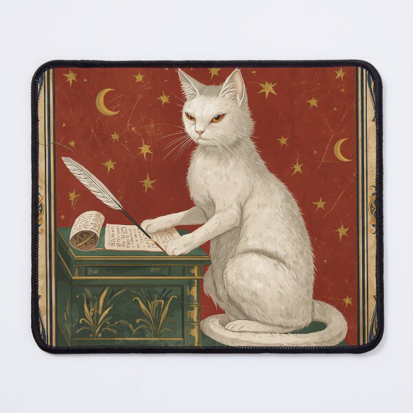 Item preview, White Cat Writing Scroll Medieval Art designed and sold by PictorialWhimsy.