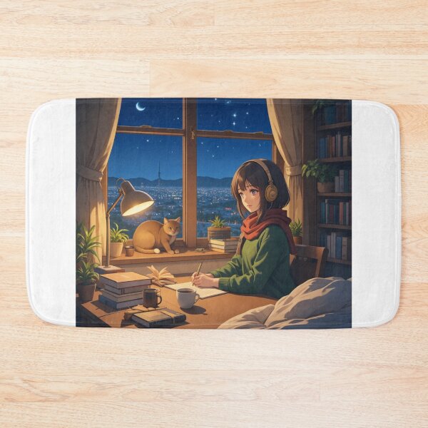 Item preview, Lofi Study Night — Cozy Anime Girl with Cat & Starry City View designed and sold by CreativeFrog.