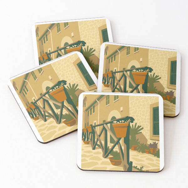 Item preview, Mallorca Valdemossa-Mallorca Valldemossa – Mediterranean streets in warm sunlight | Minimalist vector illustration designed and sold by Brinax.