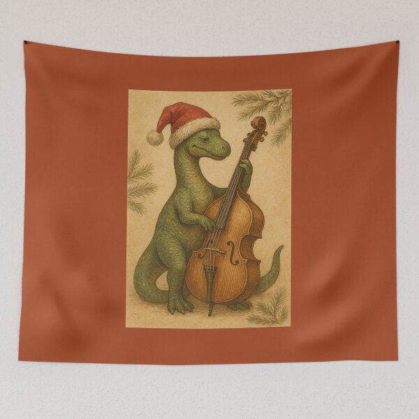 Item preview, Christmas Dino Playing Double Bass – Vintage Holiday Art designed and sold by Meandmyshop.