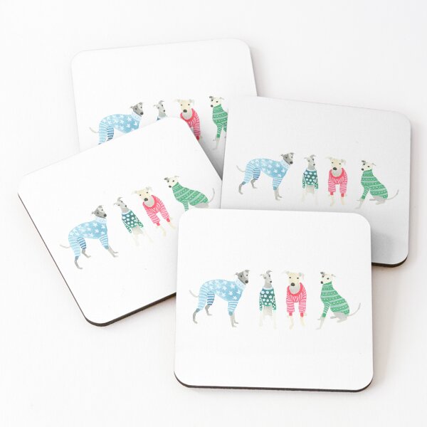 Item preview, A watercolour painting of greyhounds wearing brightly coloured Christmas pijamas designed and sold by Hillary Holt.