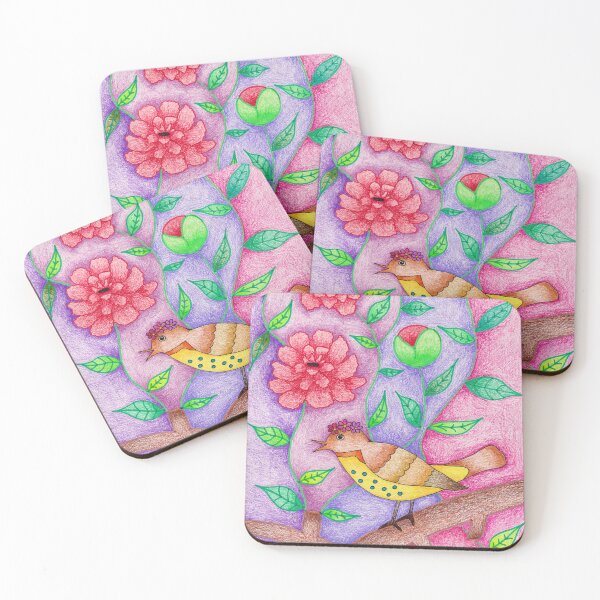 Item preview, Red Peonies and Nightingale Whimsical Colored Pencil Illustration designed and sold by nenanamart.