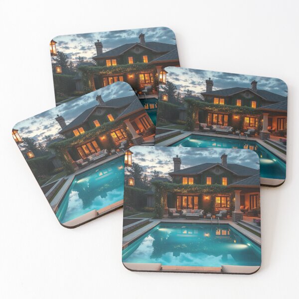 Item preview, Twilight Tranquility | Elegant Evening Poolside Mansion with Lanterns designed and sold by Jade Ado.