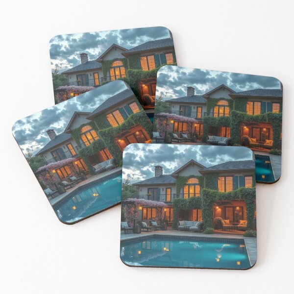 Item preview, Floral Twilight Poolside | Luxury Mansion & Glowing Pool at Dusk designed and sold by Jade Ado.