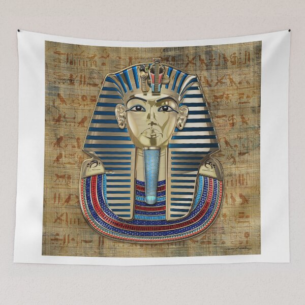 Item preview, King Tut -Tutankhamun's Gold Death Mask over Egyptian Hieroglyphics Papyrus designed and sold by Serge Averbukh Art Studio.