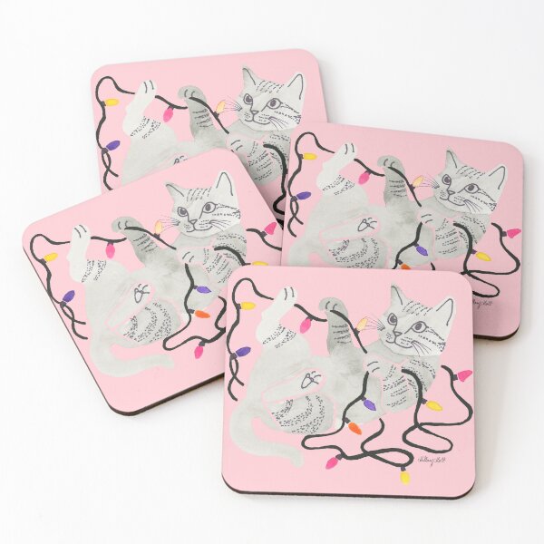 Item preview, A watercolor illustration of a grey tabby cat playing with coloured lights  designed and sold by Hillary Holt.