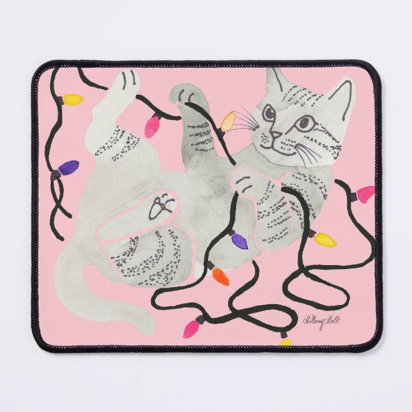 Item preview, A watercolor illustration of a grey tabby cat playing with coloured lights  designed and sold by Hillary Holt.