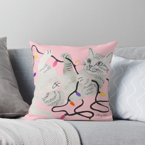 Item preview, A watercolor illustration of a grey tabby cat playing with coloured lights  designed and sold by Hillary Holt.