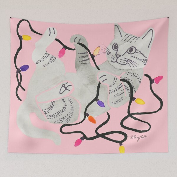 Item preview, A watercolor illustration of a grey tabby cat playing with coloured lights  designed and sold by Hillary Holt.