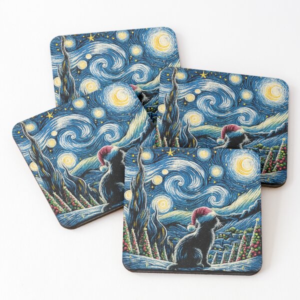 Item preview, Starry Night Festive Christmas Black Cat Santa Hat  designed and sold by will freed18.