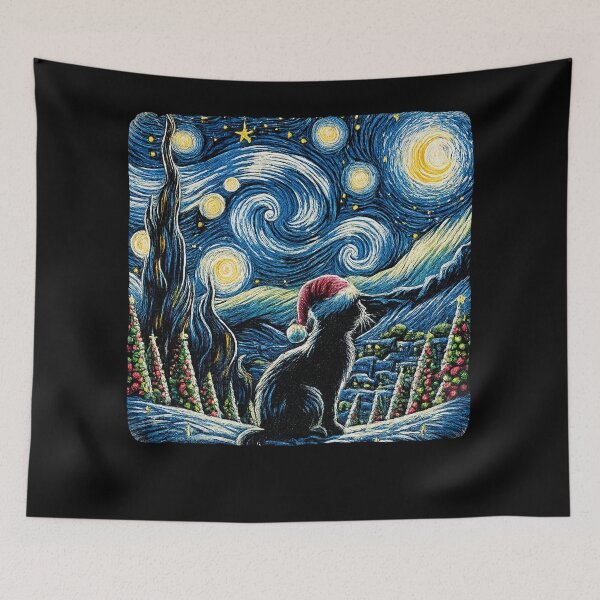 Item preview, Starry Night Festive Christmas Black Cat Santa Hat  designed and sold by will freed18.