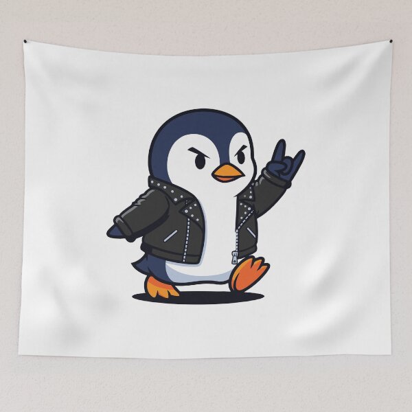 Item preview, Rocker Penguin in Leather Jacket Giving Devil Horns designed and sold by RGShirtWorks.