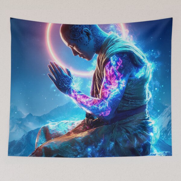 Item preview, Neon Monk of Inner Fire – Surreal Enlightenment Portrait designed and sold by VisionaryVeils.