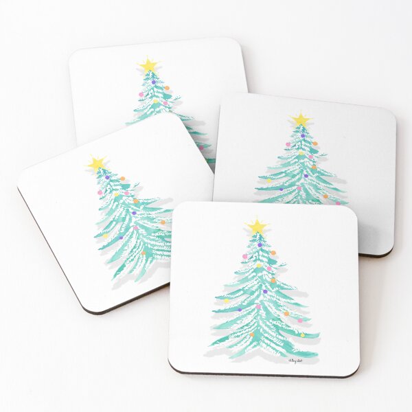 Item preview, A watercolor illustration of a snow covered Christmas tree with bright coloured lights designed and sold by Hillary Holt.