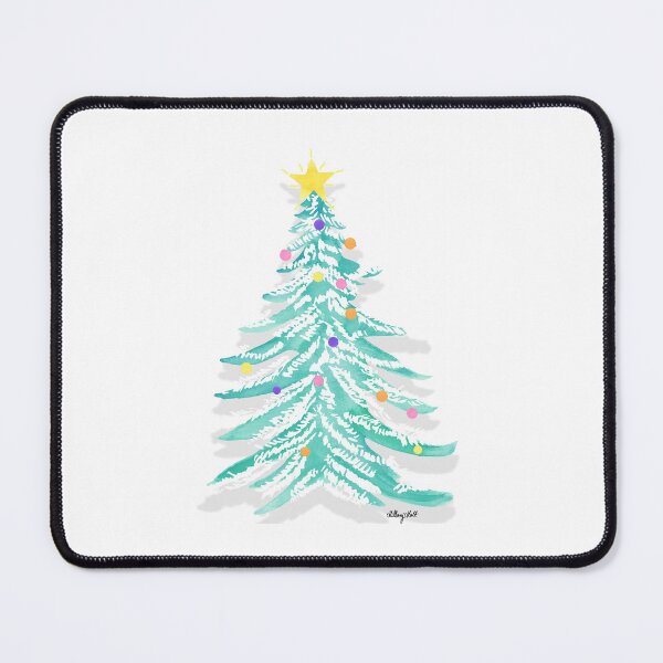 Item preview, A watercolor illustration of a snow covered Christmas tree with bright coloured lights designed and sold by Hillary Holt.