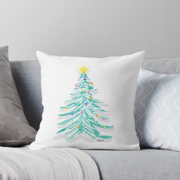 Item preview, A watercolor illustration of a snow covered Christmas tree with bright coloured lights designed and sold by Hillary Holt.