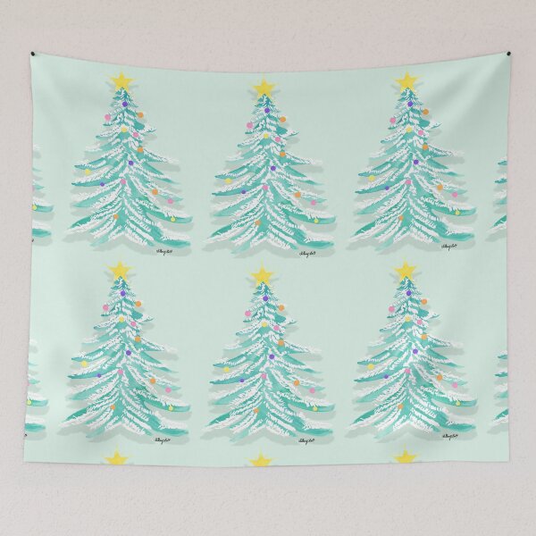 Item preview, A watercolor illustration of a snow covered Christmas tree with bright coloured lights designed and sold by Hillary Holt.