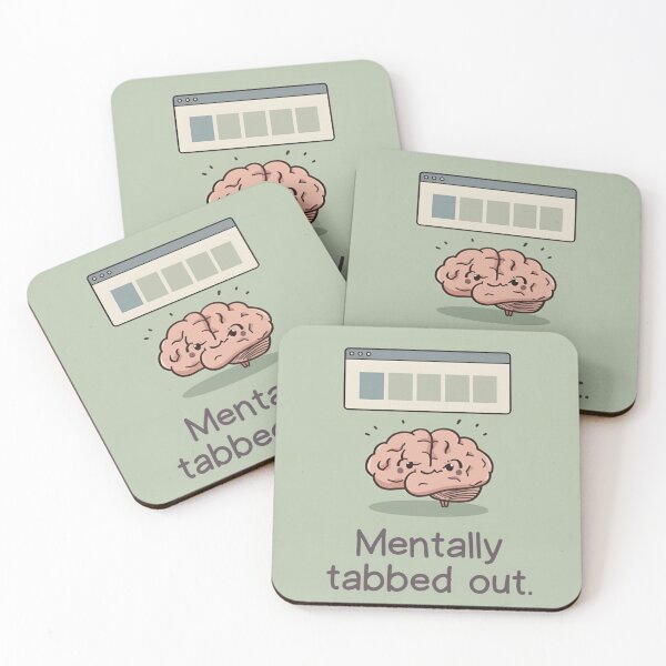 Item preview, "Mentally tabbed out." Visual: Browser tabs over a cartoon brain, all labeled '???' designed and sold by ChanduCreater28.