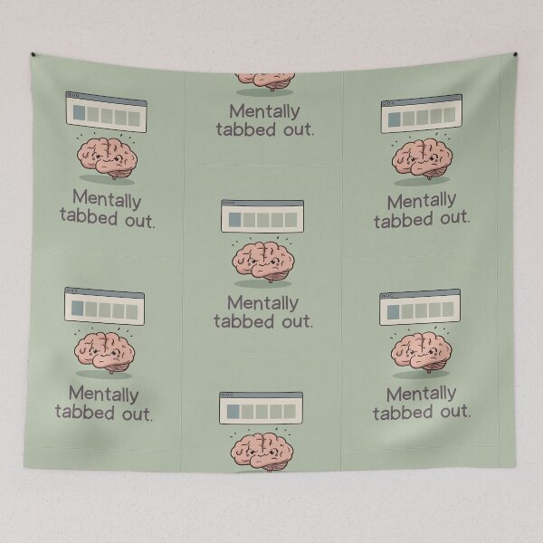 Item preview, "Mentally tabbed out." Visual: Browser tabs over a cartoon brain, all labeled '???' designed and sold by ChanduCreater28.