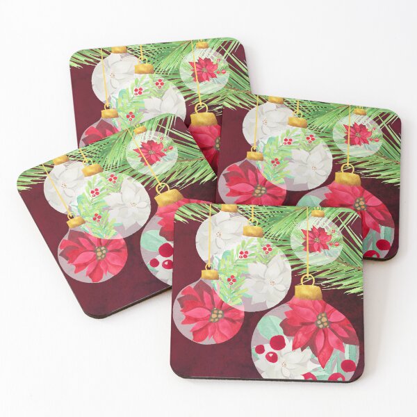 Item preview, Watercolor painting of christmas baubles decorated with poinsettias hanging from a tree designed and sold by Hillary Holt.