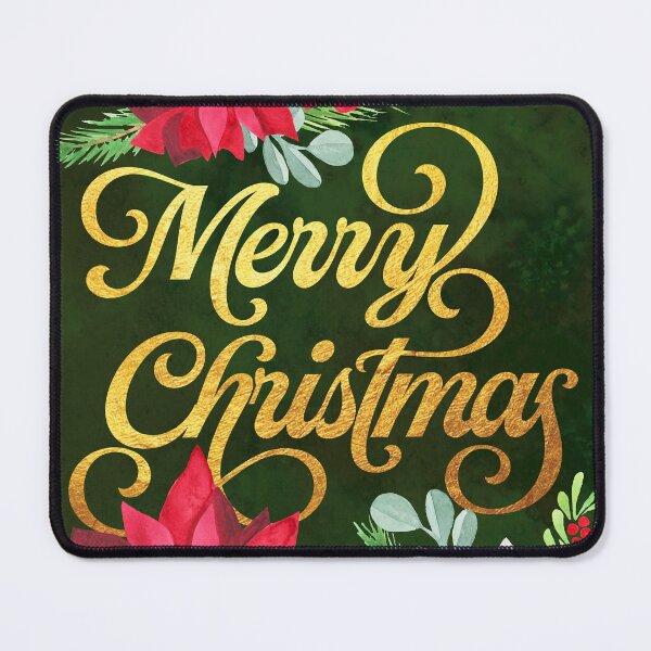 Item preview, A watercolor card design with the words Merry Christmas in gold, surrounded by red and white poinsettias and green foliage and berries designed and sold by Hillary Holt.