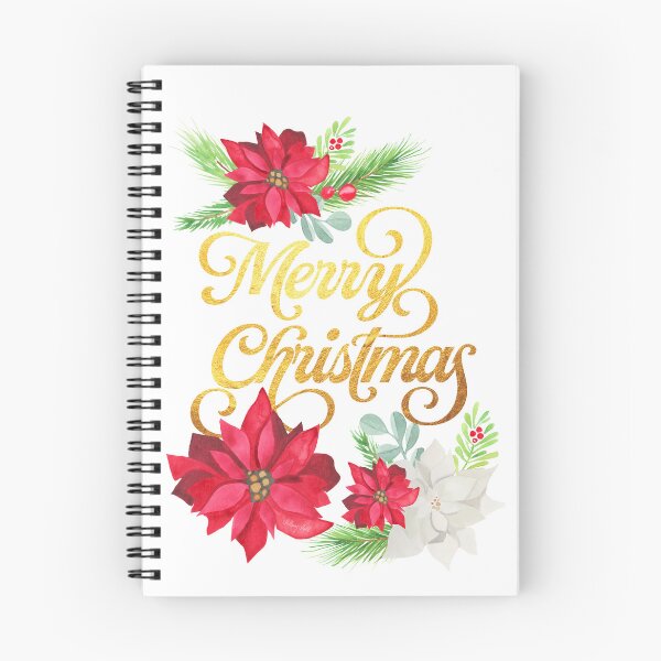 Item preview, A watercolor card design with the words Merry Christmas in gold, surrounded by red and white poinsettias and green foliage and berries designed and sold by Hillary Holt.