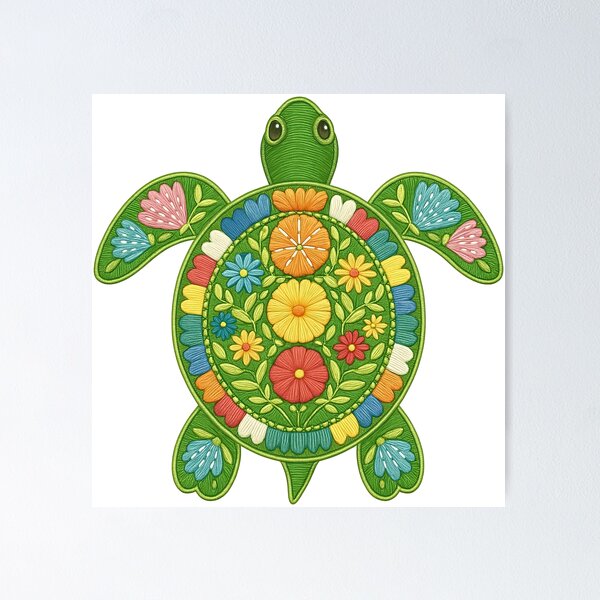 Item preview, Floral Sea Turtle with Colorful Embroidery Style designed and sold by ArtfulWeave.