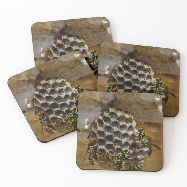 Item preview, Wasp Nest Close-Up With Yellow And Black Wasps On Hexagonal Honeycomb In Rough Wall designed and sold by Nmallia.