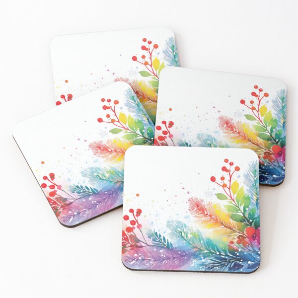 Item preview, Rainbow colors winter botanical garden watercolor painting abstract style,  snowflakes falling, bright vivid colors winter holiday season decor  designed and sold by navitalidesign.