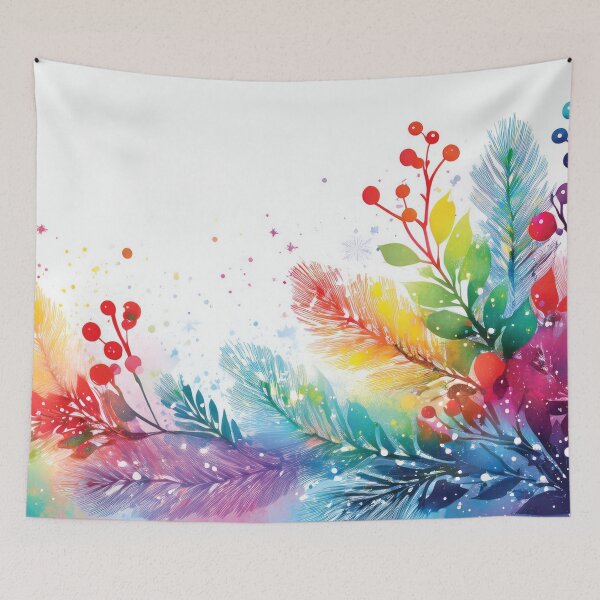 Item preview, Rainbow colors winter botanical garden watercolor painting abstract style,  snowflakes falling, bright vivid colors winter holiday season decor  designed and sold by navitalidesign.