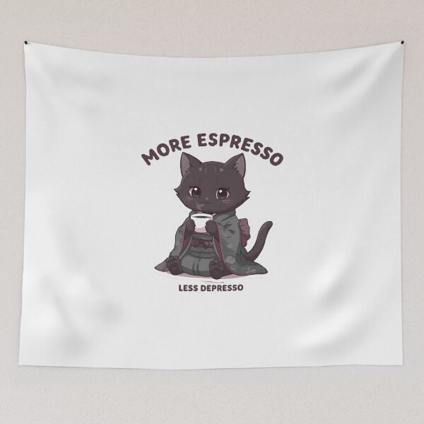 Item preview, More Espresso Less Depresso – Black Cat in Japanese Kimono Coffee Art designed and sold by Merch By Style.