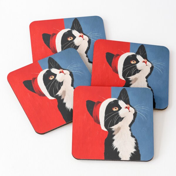 Artikelvorschau, Schwarz-weiße Katze mit Weihnachtsmütze – Festlicher Weihnachtskatzen-Kunstdruck entworfen und verkauft von Gino By Design.