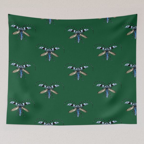 Item preview, flying creeping crawling - blue alpine longhorn beetles on goldochre Oversized  designed and sold by Bangarangs.