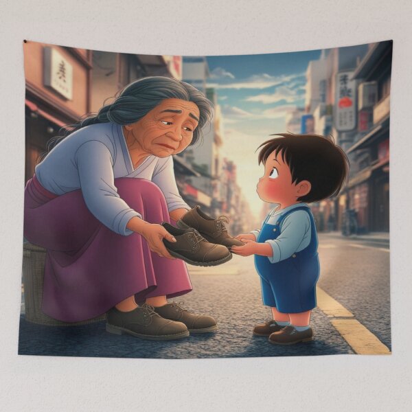 Item preview, Shoes of Memory – Grandmother and Boy in Japanese Street Scene designed and sold by Cristhian Almanza.